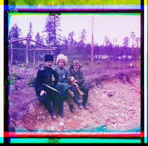 Group. (Myself with two others, Murman). Self portrait of Sergeĭ Mikhaĭlovich Prokudin-Gorskiĭ. Karelia, Russia.